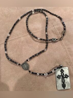 Beaded Hematite and Clear Crystal Rosary Necklace with Cross Pendant